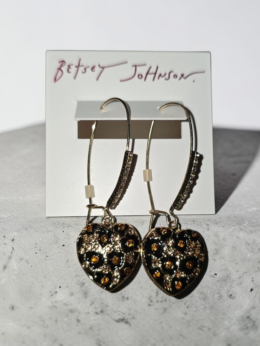Betsey Johnson Gold Heart Cheetah Print Dangle Earrings